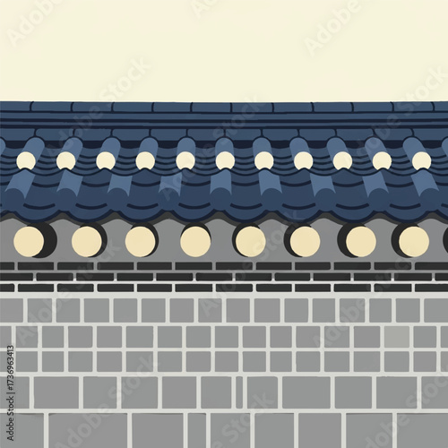 Illustration of a traditional Korean hanok architecture roof with blue tiles and gray brick wall, featuring circular decorative elements, against a pale background.