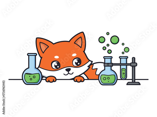 An inquisitive cartoon fox explores the world of science with bubbling laboratory flasks