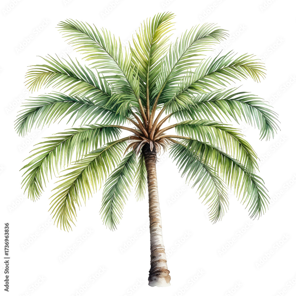 Obraz premium Watercolor palm tree with lush green fronds and a tall, textured trunk