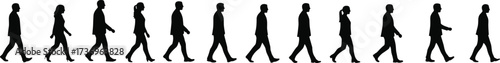 Silhouettes of walking people in line, men and women side view, business and casual figures, human crowd urban lifestyle illustration
