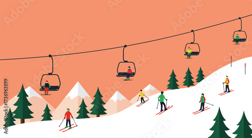 Joyful winter scene featuring a bustling ski slope with people enjoying descents and scenic chairlift rides