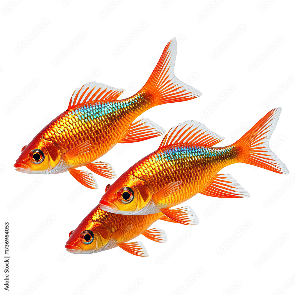 Fototapeta premium Group of vibrant, orange goldfish swimming together in clear waters