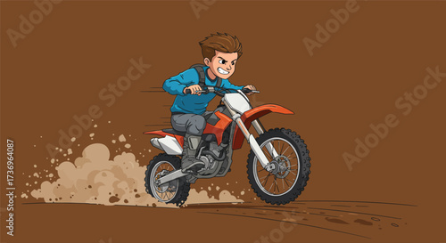 Determined cartoon boy riding a powerful dirt bike, kicking up dust with intense action and speed