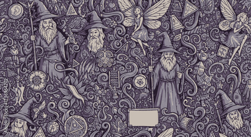 Intricate artwork featuring multiple wizards with long beards and pointed hats.