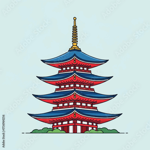 Illustration of a traditional Korean hanok pagoda with a tall spire and multiple blue and red roofs on a light blue background.