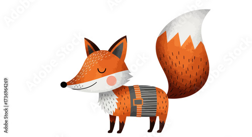 Cute cartoon fox with orange fur and a black and gray striped tail and body.