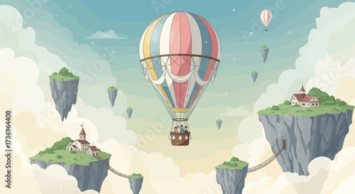 Colorful hot air balloon soaring through a fantasy sky.