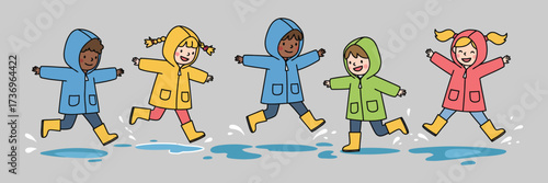 Children Puddles Jumping Joyfully in Raincoats, Expressing Carefree Fun