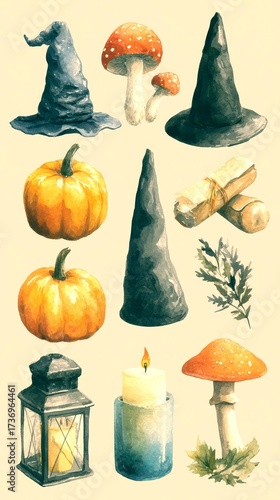 Collection of autumn and Halloween-themed elements including pumpkins, hats, and candles