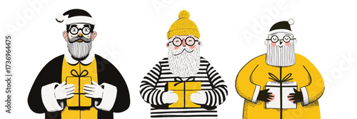 Cartoon santa doodle holding christmas present in quirky modern style for festive holiday illustration