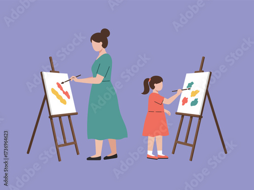 Joyful moment of a parent and child exploring their artistic talents with paint