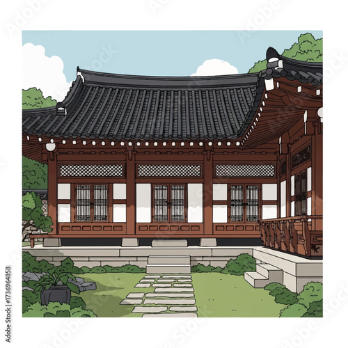 Illustration of a traditional Korean hanok architecture house with a tiled roof and wooden accents in a serene garden setting.