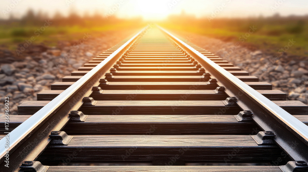 Fototapeta premium Serene Sunset Over Empty Railroad Tracks Leading into Distant Horizon with Warm Sunlight and Soft Landscape in Background