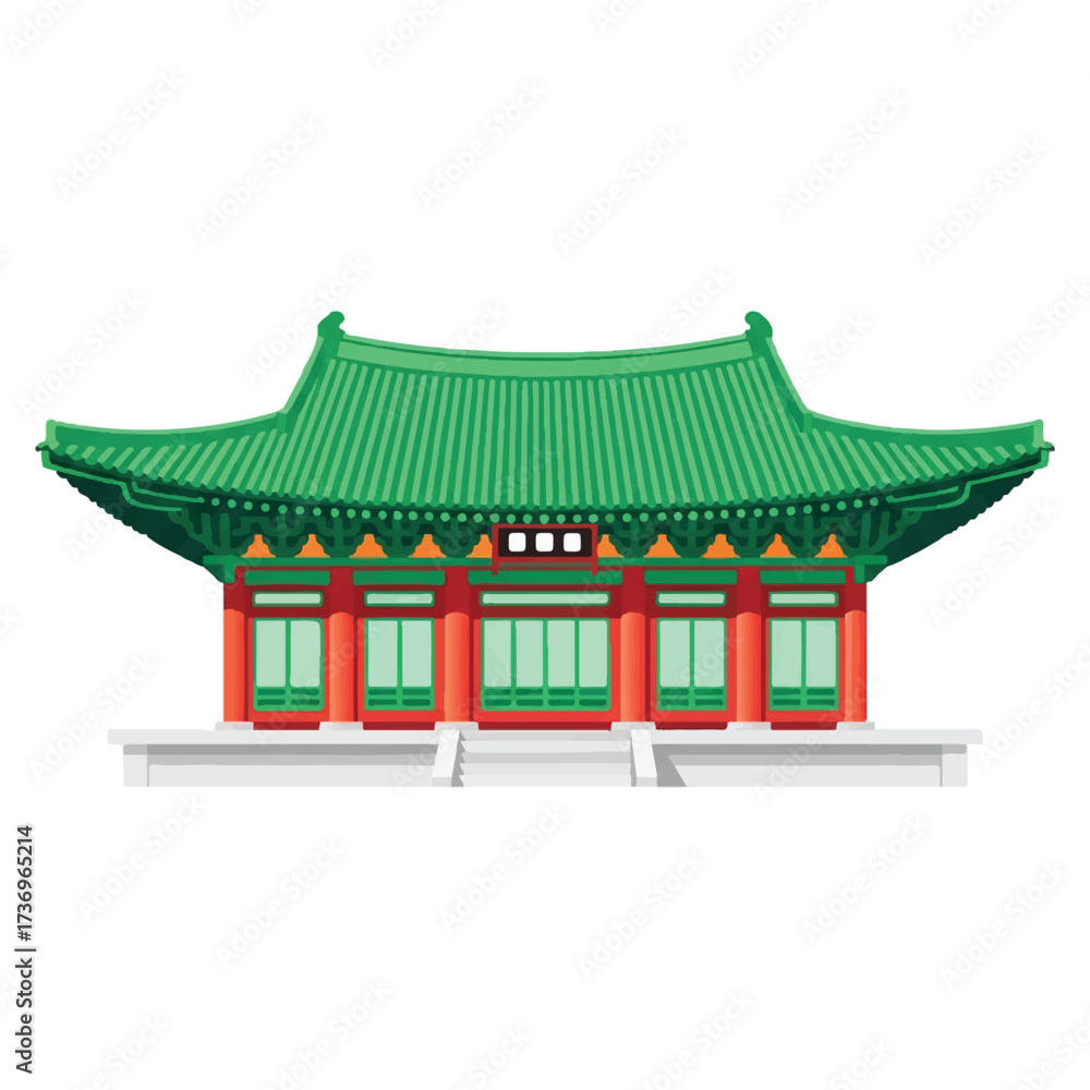 Fototapeta premium Illustration of a traditional Korean hanok architecture with a green tiled roof and red accents against a white background.