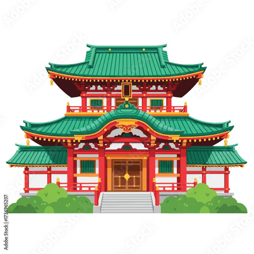 Illustration of a traditional Korean hanok architecture building with a green tiled roof and red pillars on a white background.
