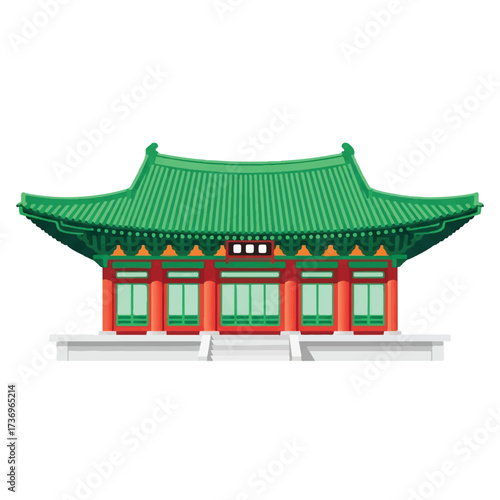 Illustration of a traditional Korean hanok architecture with a green tiled roof and red accents against a white background.