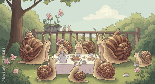 Snails enjoying an elegant garden tea party.