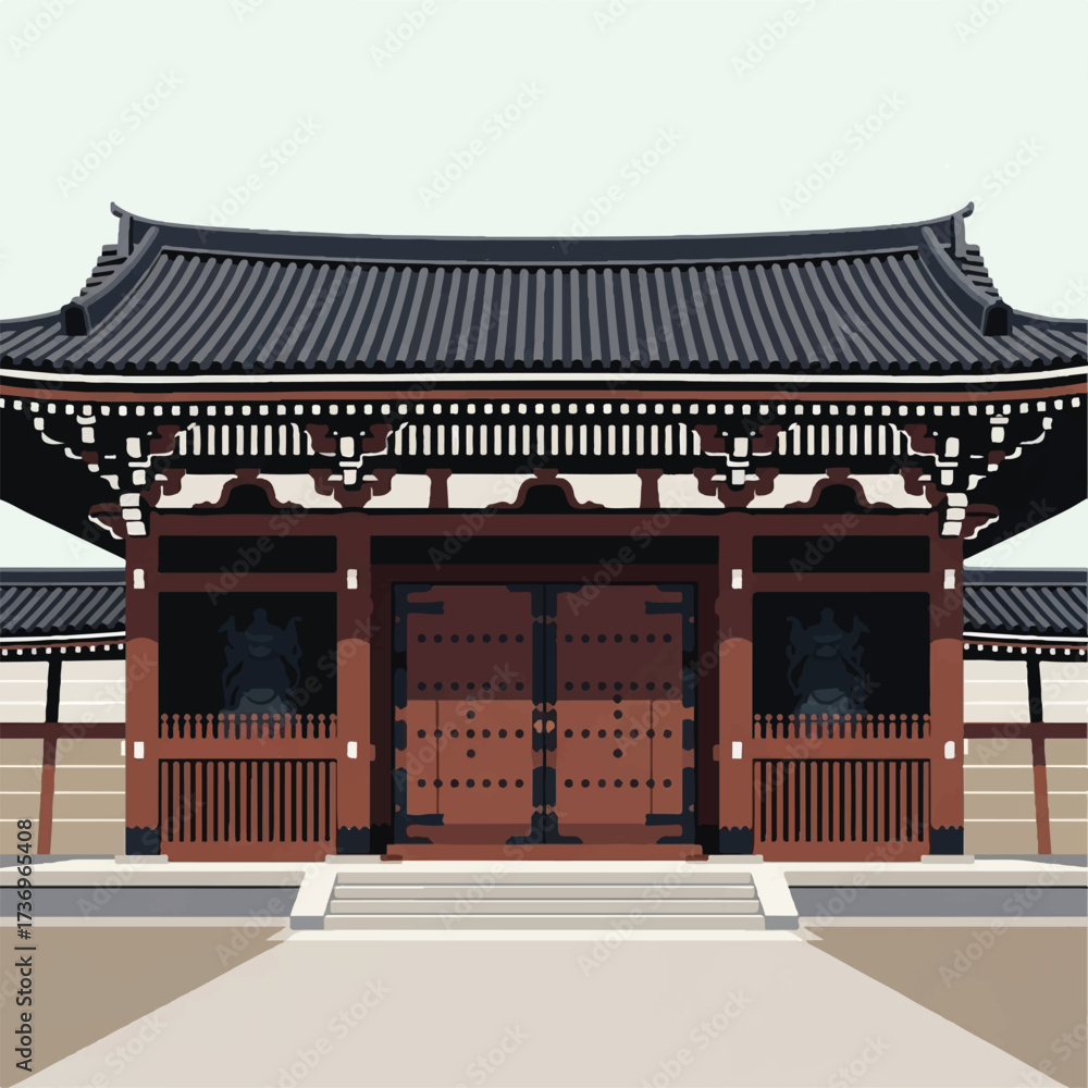 Obraz premium Illustration of a traditional Korean hanok architecture building with a tiled roof and wooden doors, set against a clean background.