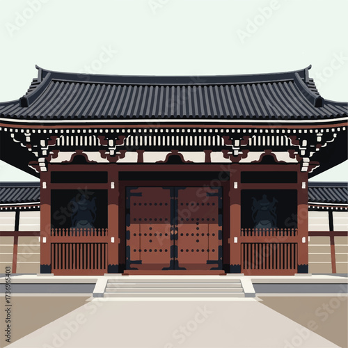 Illustration of a traditional Korean hanok architecture building with a tiled roof and wooden doors, set against a clean background.