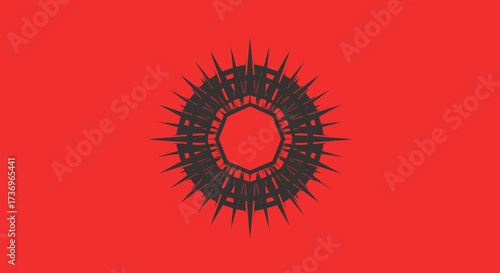 Abstract circular design with sharp, radiating elements.