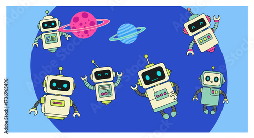 Cute cartoon robots in space.