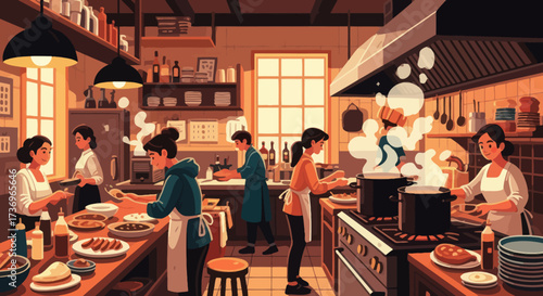Women actively cooking and preparing food in a busy kitchen environment.