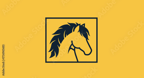 Silhouette of a horses head, profile view, framed in a box, on a yellow background.