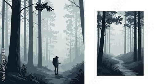 Solo Hiker Wandering Through a Misty Forest Path.