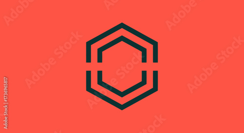 Geometric Hexagon Design with Interrupted Lines on Coral Background.