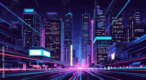 Futuristic Cityscape at Night with Neon Lights and Skyscrapers.