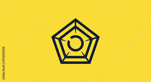 Pentagon shaped logo with a circle inside, focused on design and abstract concepts.