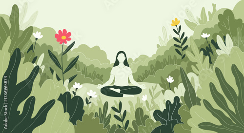 Woman meditating in nature surrounded by lush greenery and flowers.