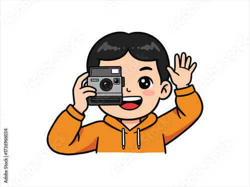 Adorable young photographer character holding an instant camera and waving hello