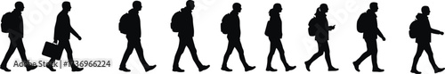 Walking people silhouettes collection, business commuters, urban pedestrians with backpacks, casual lifestyle figures, man and woman walking vector illustrationWalking people silhouettes 