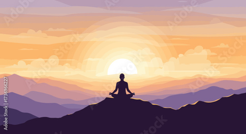 Silhouette of person meditating on mountaintop.