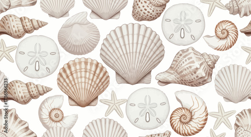 Sea Shell Pattern with Various Types of Shells and Starfish.