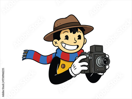 A cheerful cartoon boy in a hat and scarf holds an old-fashioned camera, ready to capture a photo