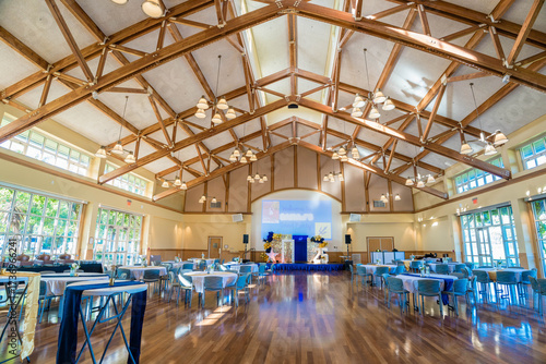 Empty Event hall with vacant chairs and tables