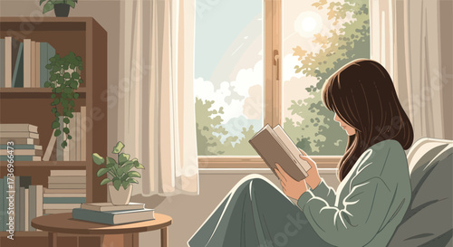 Woman Reading Book in Cozy Room.