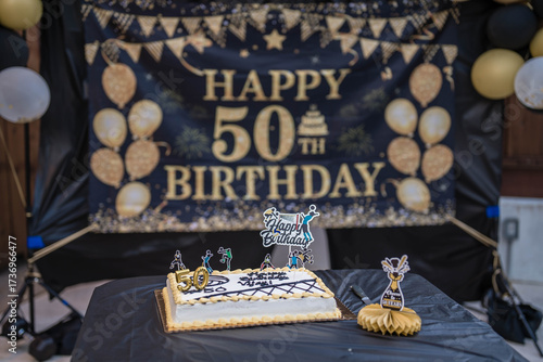 Happy 50th Birthday backdrop black and golden banner for party and celebrations