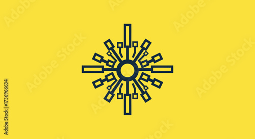 Abstract technological sunburst symbol with circuit lines.
