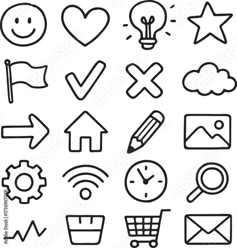 Hand-drawn doodle liner icon pack, irregular sketch outline style, playful and fun vector