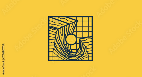 Abstract geometric symbol with organic lines and a structured grid.