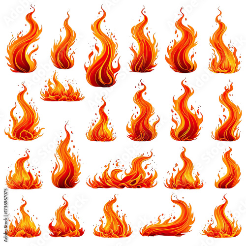 Collection of stylized fire flames in varying sizes and shapes