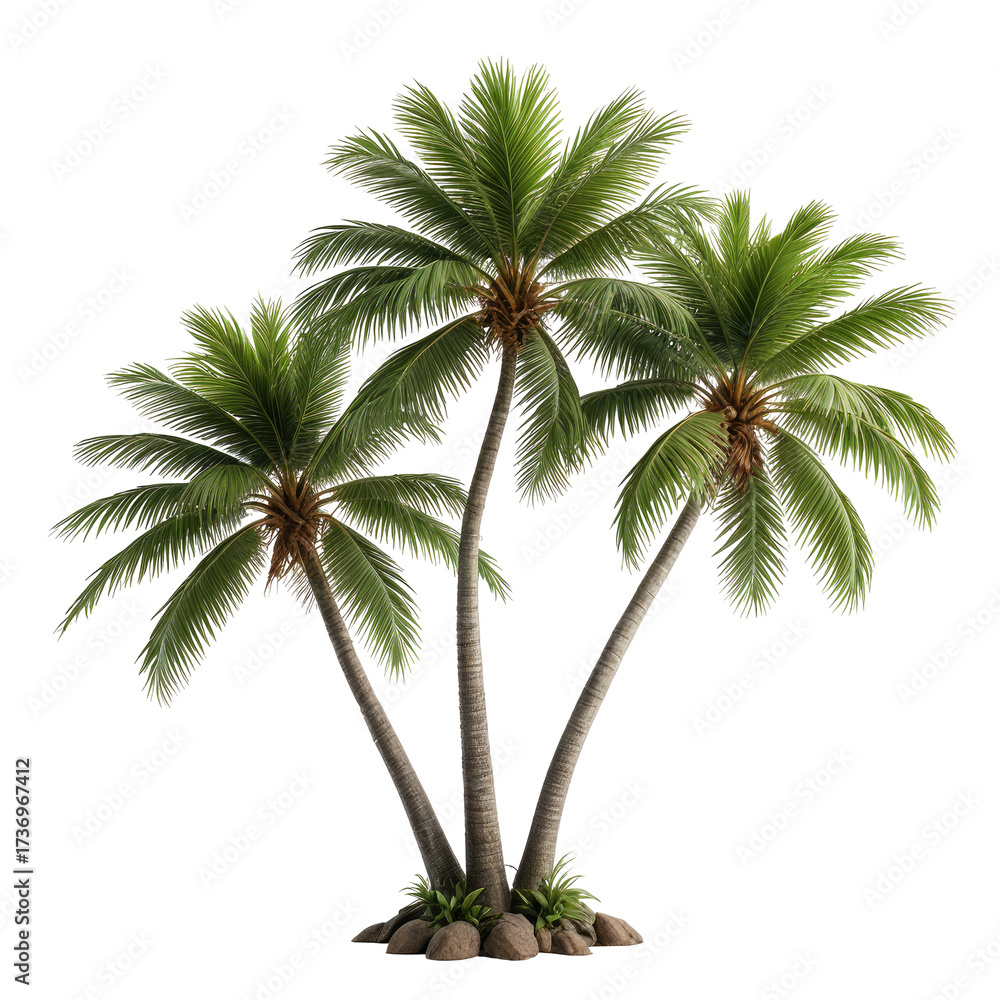 Obraz premium Three palm trees with lush green fronds. Isolated on black background