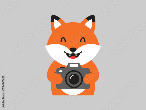 A happy cartoon fox character holding a camera, an adorable animal photographer mascot