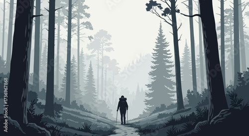 Person walking in a misty forest path.