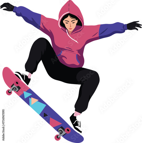 Young woman in a hoodie executing a cool skateboard trick in mid-air