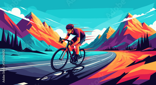A dynamic illustration of a cyclist in full gear riding a road bike.