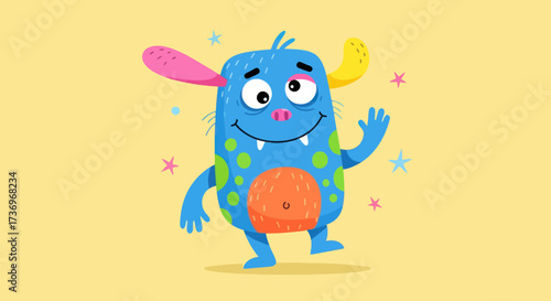 Cute friendly blue cartoon monster waving happily.